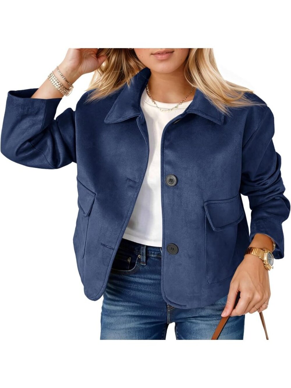 Women's Navy Faux Suede Cropped Jacket Button Down Vintage Casual Shacket
